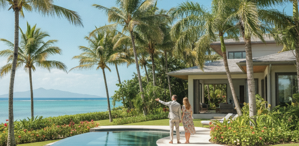 Agent immobilier faisant visiter une villa à Maurice, enregistrement REAA obligatoire